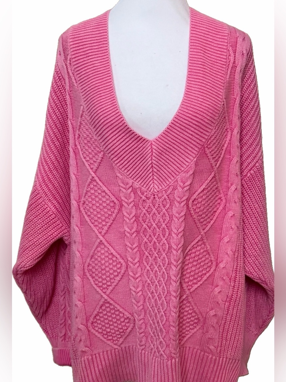 NWT Aerie Pink Cable Knit V-Neck 100% Cotton Oversized Sweater XXL
